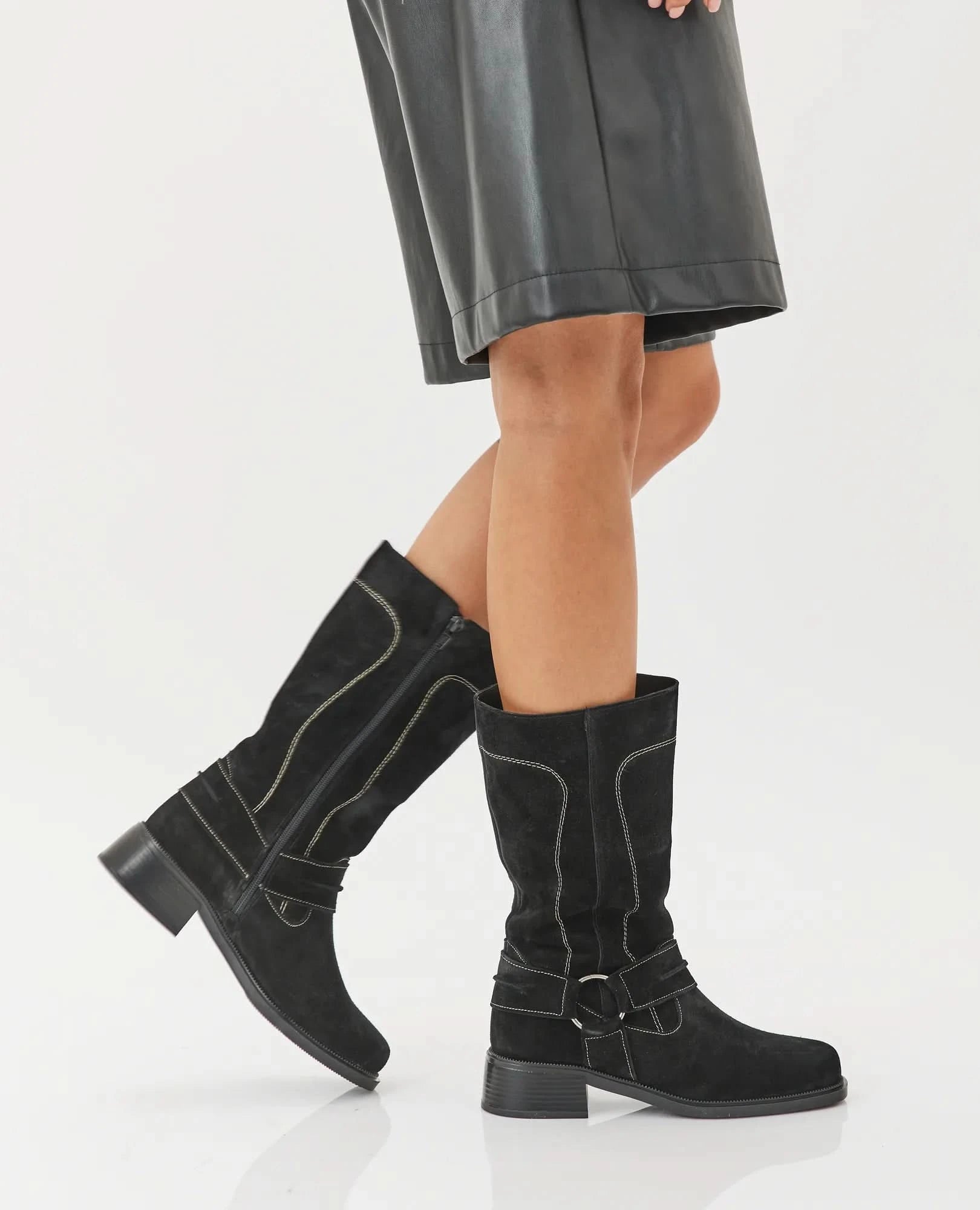 מגפיים מעור זמש בסגנון בייקר דגם ג'ניפר | מגפיים לנשים בי יוניק