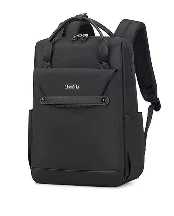 תיק מחשב נייד עם תא קדמי שחור מבית B-Unique Bags, עם ידיות עליונות וכיסים, מושלם לנעליים אופנתיות.