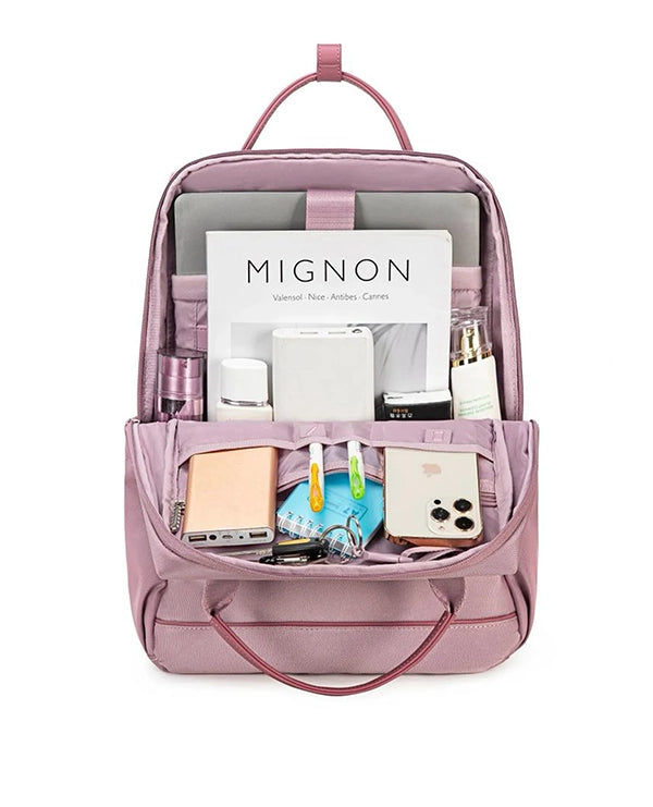 תיק ה-B-Unique Bags עם תא קדמי בצבע ורוד יכול להכיל מחשב נייד, מגזין, טלפון, נעלי נוחות ואביזרים.