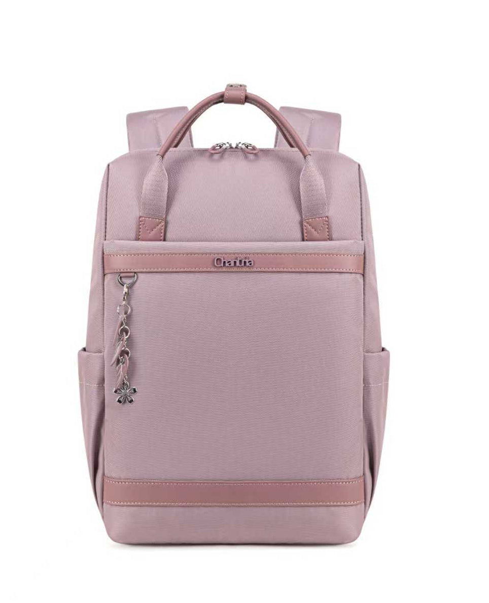 תיק מחשב נייד עם תא קדמי ורוד מבית B-Unique Bags, עם רצועות מרופדות, כיס קדמי ורוכסן עם מחזיק מפתחות.