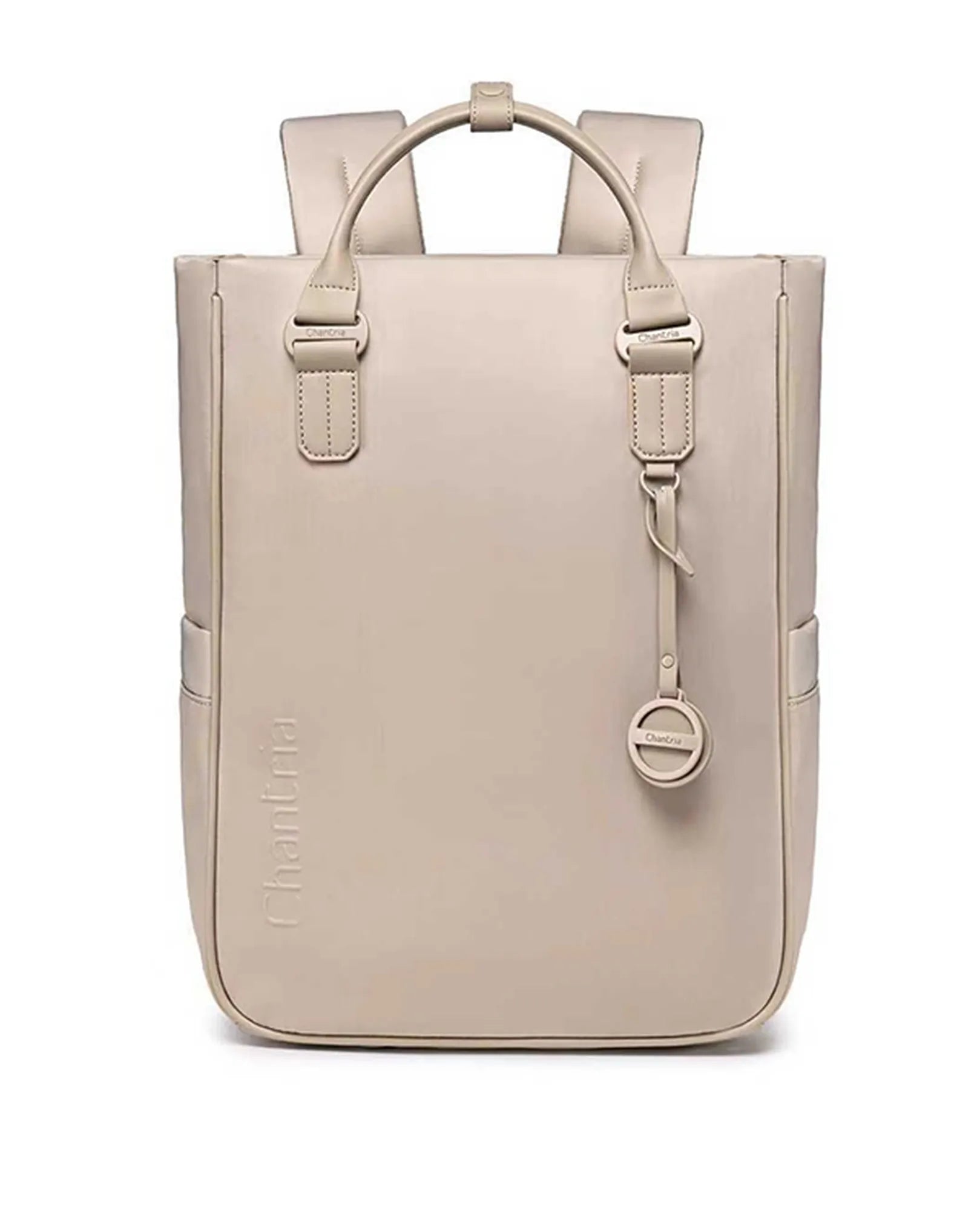 תיק מחשב נייד מלבני של B-Unique Bags בצבע חאקי, עם ידית עליונה, זוג רצועות, כיסים צדדיים ומחזיק מפתחות עגול.