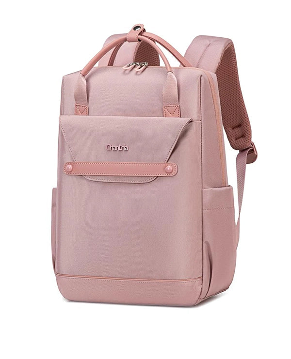תיק לפטופ עם תא קדמי" בצבע ורוד בהיר מבית B-Unique Bags, עם ידיות עליונות, כיס קדמי עם דש, כיסים צדדיים ורצועות מרופדות.