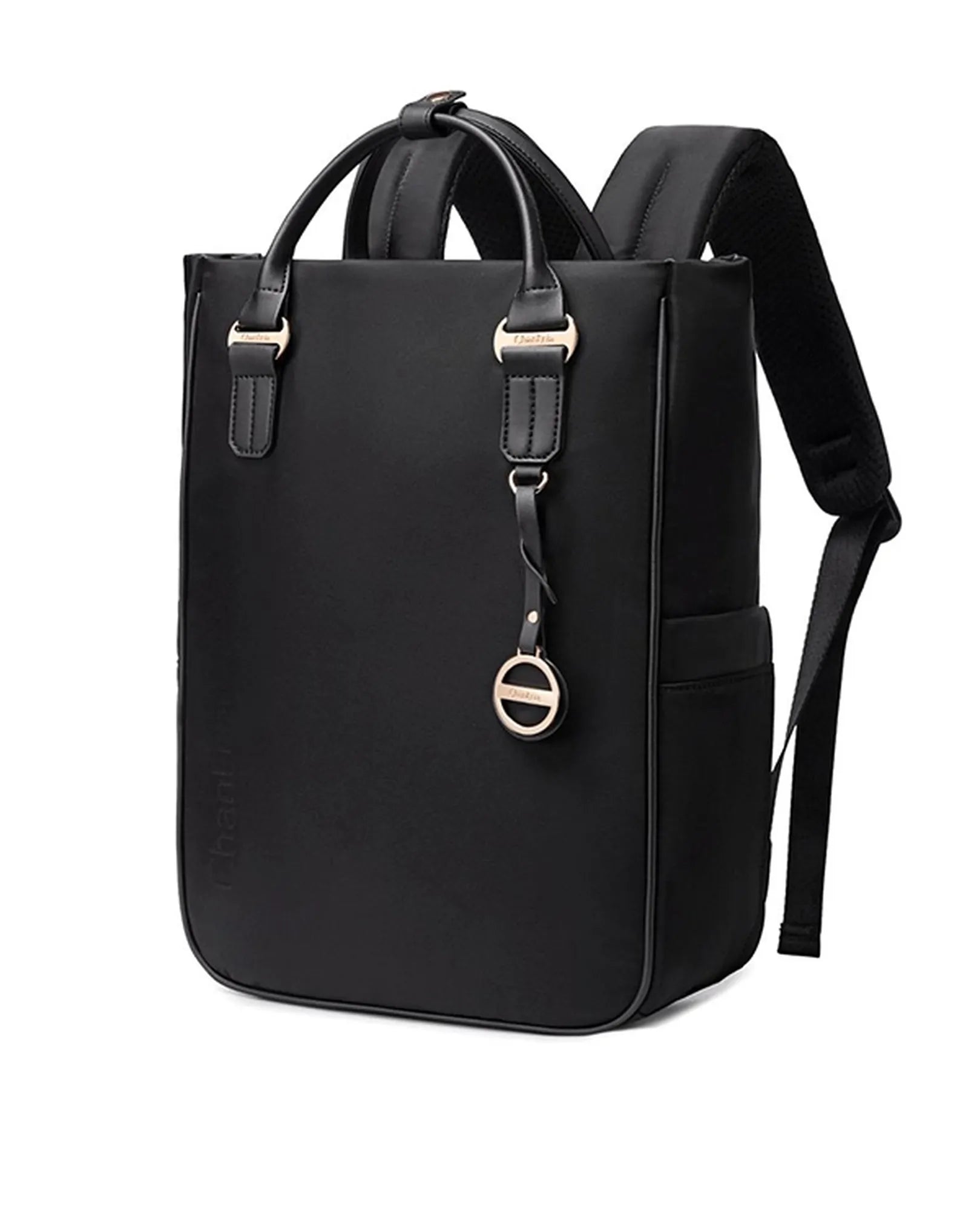 תיק מחשב נייד מלבני בצבע שחור מבית B-Unique Bags, עם ידיות עליונות, אבזמים מוזהבים, עיטור ורצועות מרופדות.