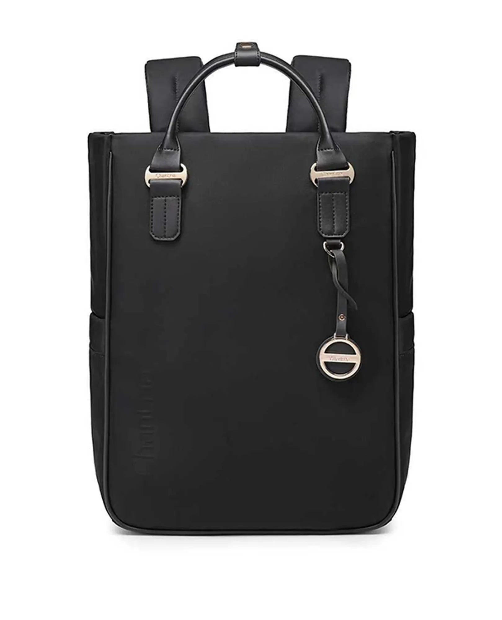B-Unique Bags תיק מחשב נייד מלבני, שחור, עם ידיות עליונות, רצועות גב ואלמנט עגול בחזית.